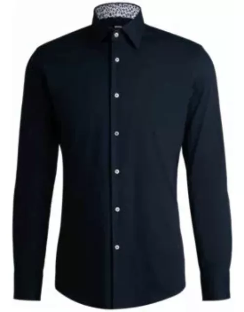 Slim-fit shirt in easy-iron stretch-cotton poplin- Dark Blue Men's Shirt