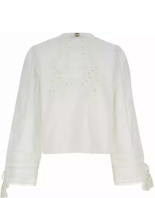 TwinSet White Jacket With Drawstring In Perforated Cotton And Linen Woman