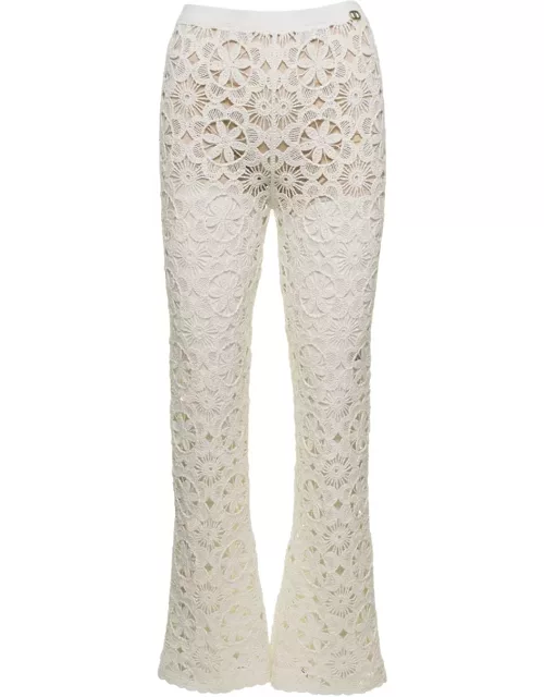 TwinSet White Flared Pants With Crochet Work In Cotton Woman