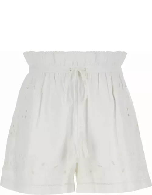 TwinSet White Shorts With Drawstring And Embroideries In Cotton And Linen Woman