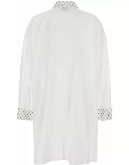 Forte_Forte White Maxi Shirt With Pearls Decoration In Cotton Woman