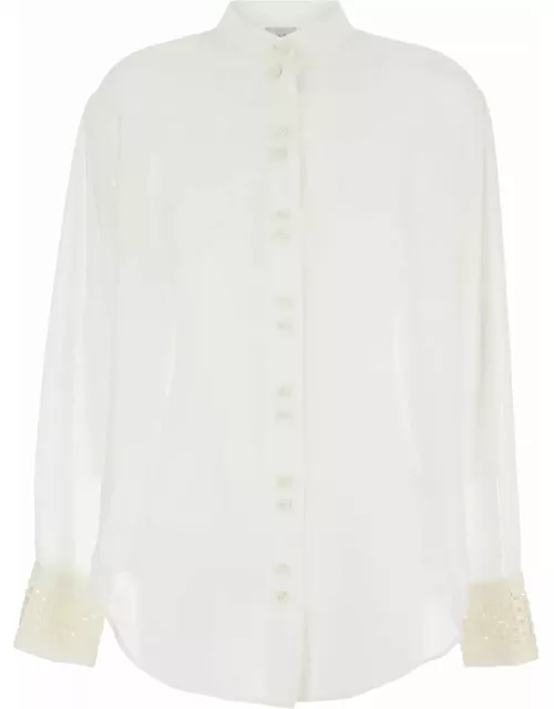 Forte_Forte White Shirt With Pearls Details In Cotton And Silk Woman