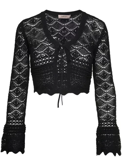 TwinSet Black Sweater With Open Knit Work In Viscose Blend Woman