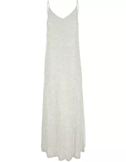 Parosh White Long Dress With Sequins In Viscose Woman