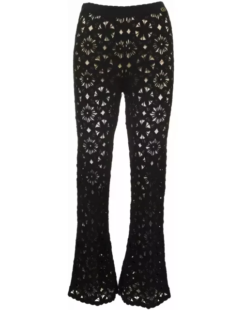TwinSet Black Flared Pants With Crochet Work In Cotton Woman