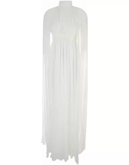 Alberta Ferretti Long White Pleated Dress With Criss-cross Detail In Silk Chiffon Woman
