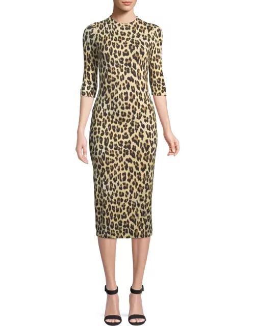 Delora Fitted Leopard Mock-Neck Dres