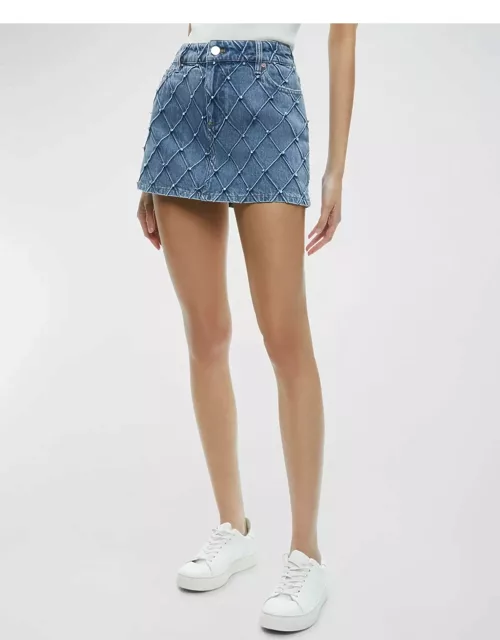 Joss High-Rise Quilted Embellished Denim Mini Skirt