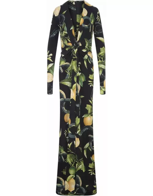 Roberto Cavalli Long Black Dress With Lemons Print