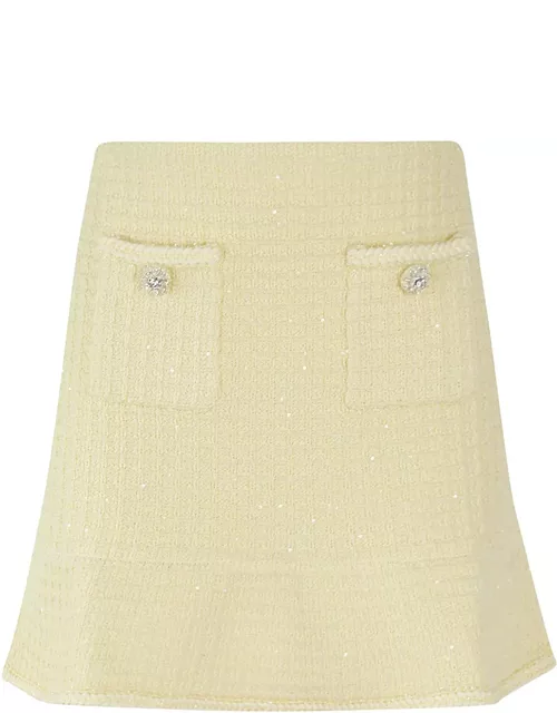 self-portrait Mini Yellow Skirt With Flounce And Jewel Buttons In Tweed Woman