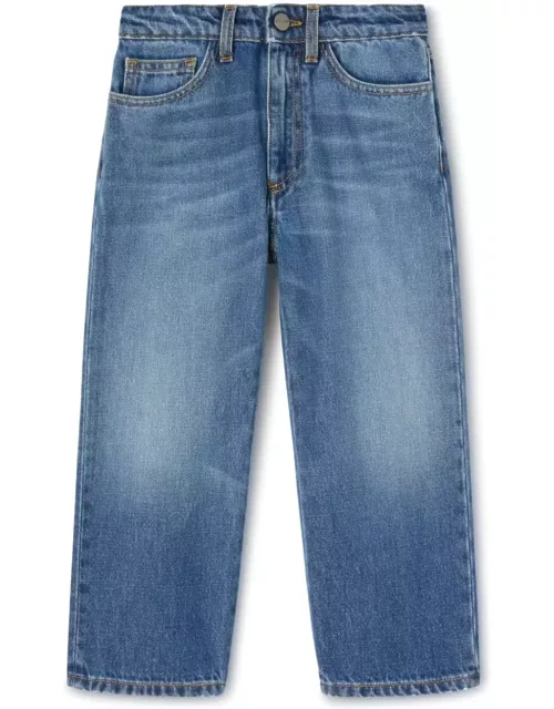 Palm Angels Blue Straight-leg Jeans With Curved Logo