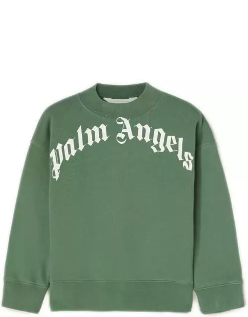 Palm Angels Green Crew Neck Sweatshirt With Curved Logo