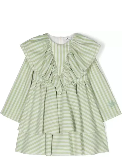Etro Green Striped Dress With Ruffle