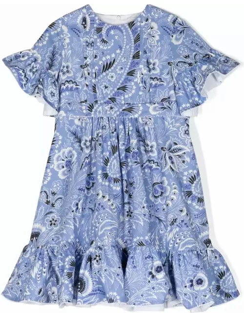Etro Light Blue Dress With Ruffles And Paisley Print