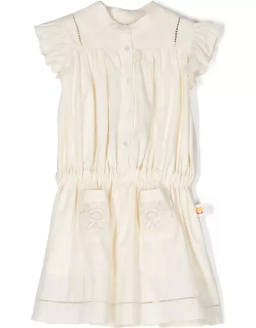 Etro Beige Pinstripe Dress With Ruffles And Embroidery