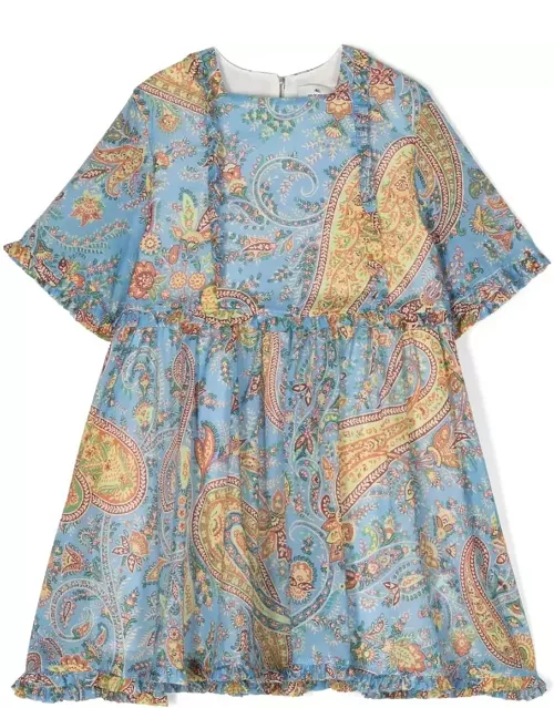 Etro Light Blue Dress With Ruffles And Paisley Motif