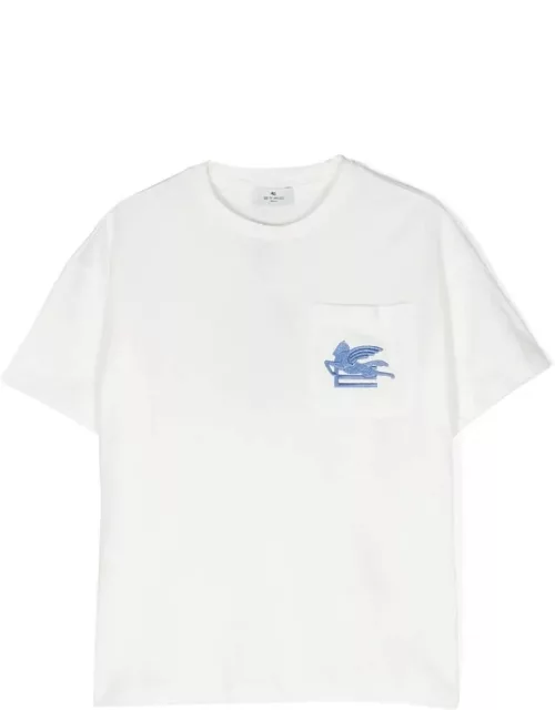 White T-shirt With Etro Pegasus Logo In Light Blue