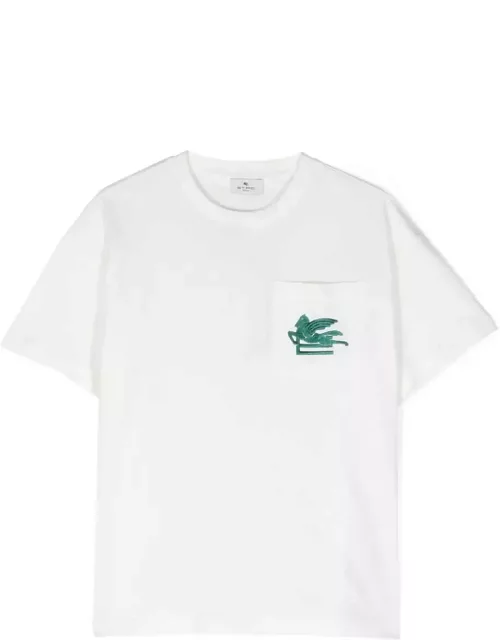 White T-shirt With Etro Pegasus Logo In Green
