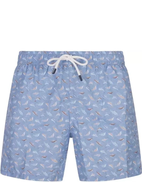 Fedeli Sky Blue Swim Shorts With Dolphins Pattern