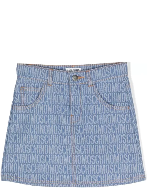 Moschino Blue Denim Mini Skirt With All-over Logo