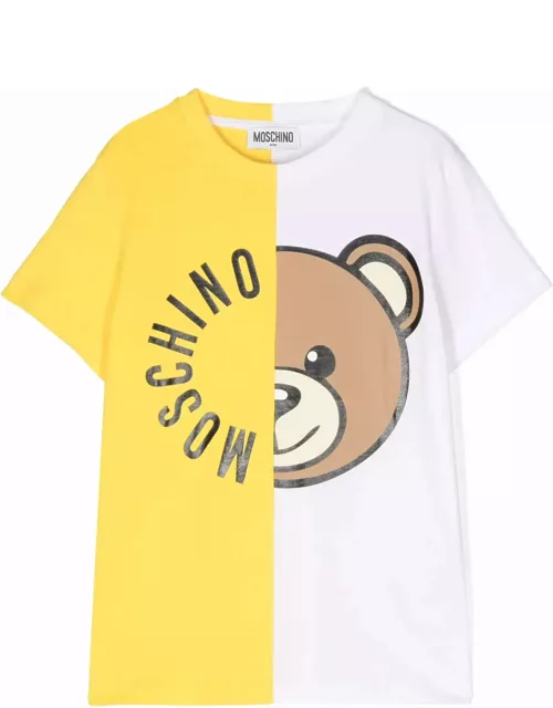 White And Yellow T-shirt With Moschino Teddy Bear Circular Print