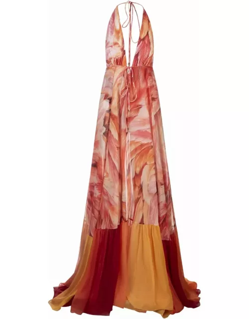 Roberto Cavalli Long Sleeveless Silk Dress With Orange Plumage Print