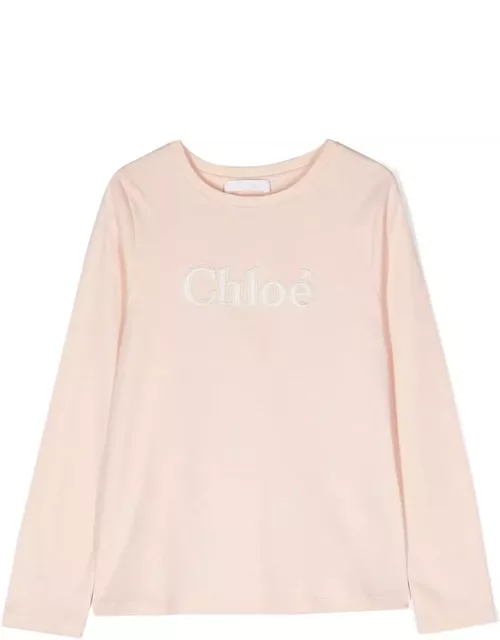 Chloé Chloe T-shirt Bianca Cipria In Jersey Di Cotone Bambina