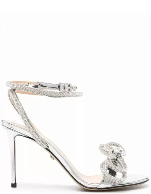 Mach & Mach Double Bow 100 Mm Sandals In Silver Metallic Leather With Crystal