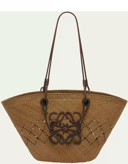 x Paula's Ibiza Medium Anagram Basket Tote Bag in Iraca Palm with Leather Handle