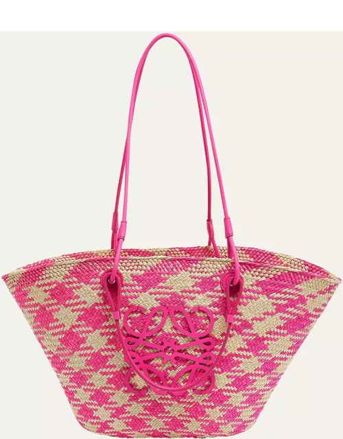 x Paula's Ibiza Medium Anagram Basket Tote Bag in Checkered Iraca Palm with Leather Handle