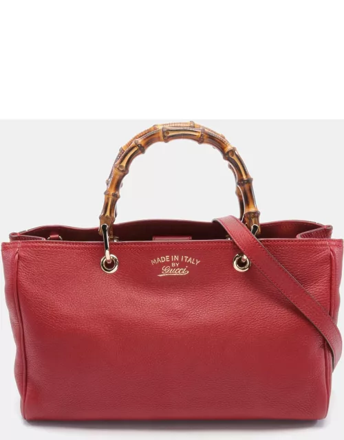Gucci Bamboo Shopper Medium Handbag Tote bag Leather Red 2WAY