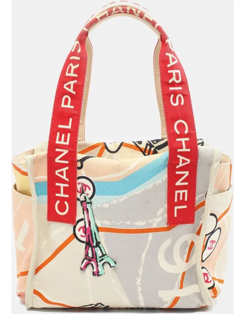 Chanel Cruise Line Paris Map Handbag Tote bag Canvas Leather Light gray Red Multicolor