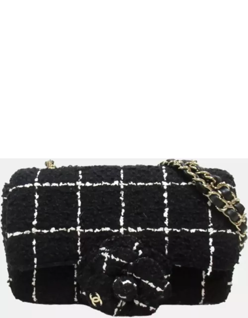 Chanel Black Canvas Tweed Camellia Flap Bag