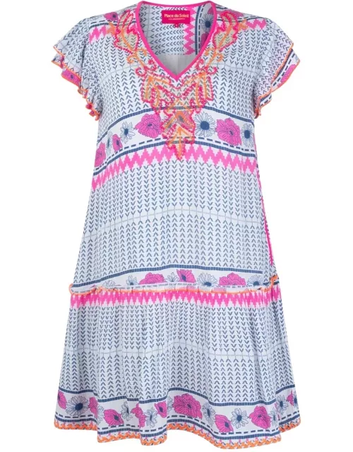 PLACE DU SOLEIL Ikat Short Cotton Dress - Blue & Pink