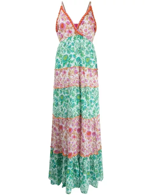 PLACE DU SOLEIL Strappy Embellished Maxi Dress - Green & Pink
