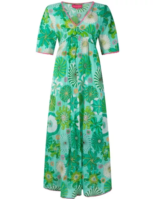PLACE DU SOLEIL Printed Kaftan Maxi Cotton Dress - Green Flower