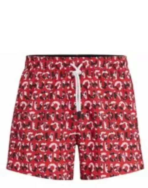material swim shorts with logo print- Red Men's Swim Short