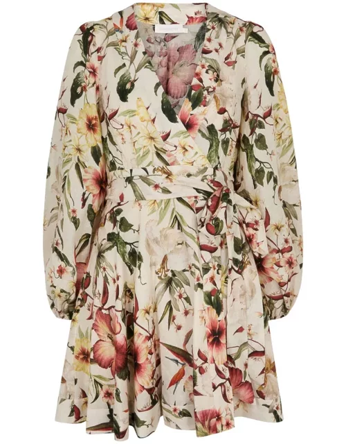 Zimmermann Lexi Floral-print Linen Mini Wrap Dress - Ivory - 0 (UK 8 / S)
