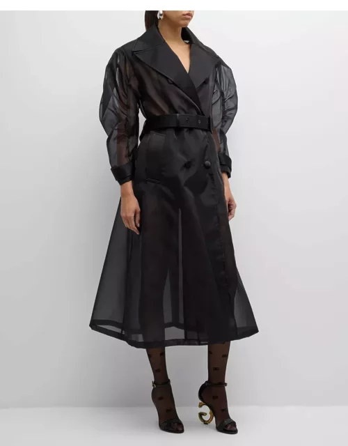 Curved-Sleeve Belted Organza Nylon Long Trench Coat