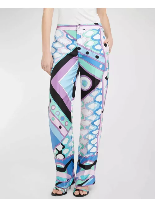 Mid-Rise Abstract-Print Straight-Leg Satin Pajama Trouser
