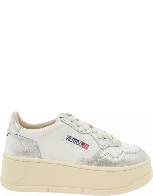 Autry White And Silver Low Top Platform Sneakers With Logo In Leather Woman