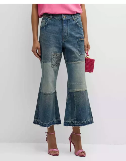 Mid-Rise Patchwork Cropped Flare Carpenter Jean