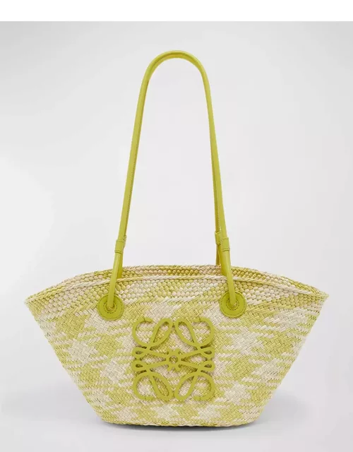 x Paula's Ibiza Anagram Basket Shoulder Bag in Checkered Iraca Palm with Leather Handle