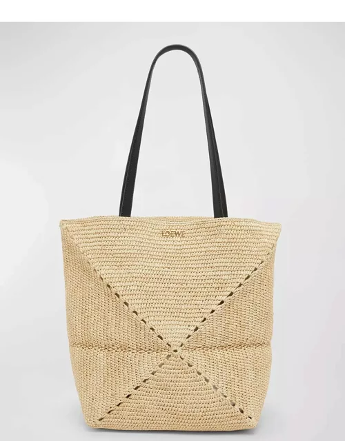 x Paula's Ibiza Medium Puzzle Fold Tote Bag in Raffia with Leather Handle