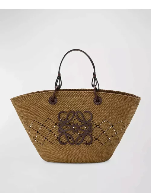 x Paula's Ibiza Large Anagram Basket Tote Bag in Iraca Palm with Leather Handle