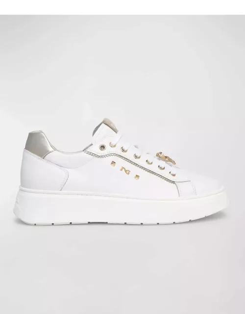 Retro Mixed Leather Jeweled Low-Top Sneaker