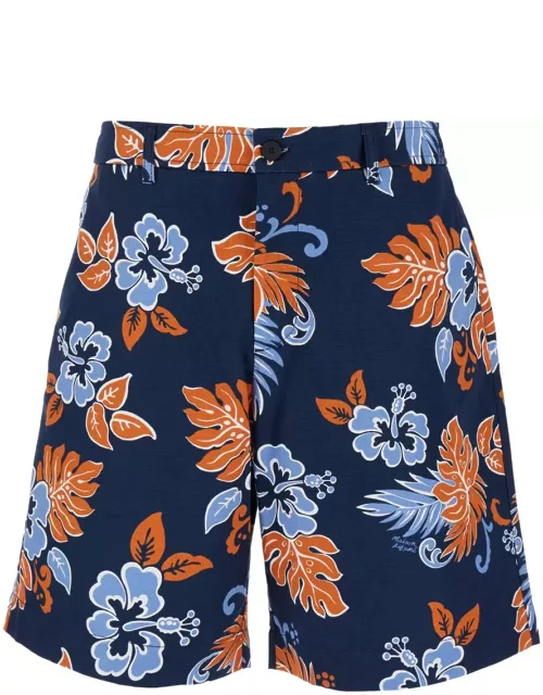 Maison Kitsuné Blue Bermuda Shorts With Floral Print In Cotton Man