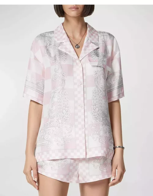 Silver Baroque Crest Damier Print Silk Twill Short-Sleeve Shirt