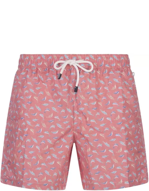 Fedeli Red Swim Shorts With Blue Dolphin Pattern