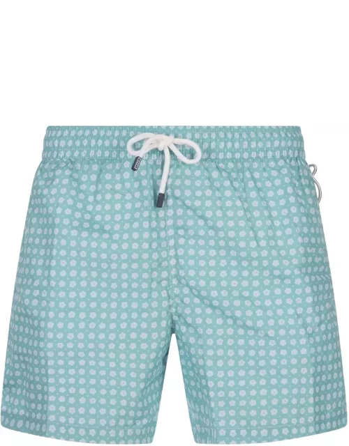 Fedeli Turquoise Swim Shorts With Micro Flower Pattern